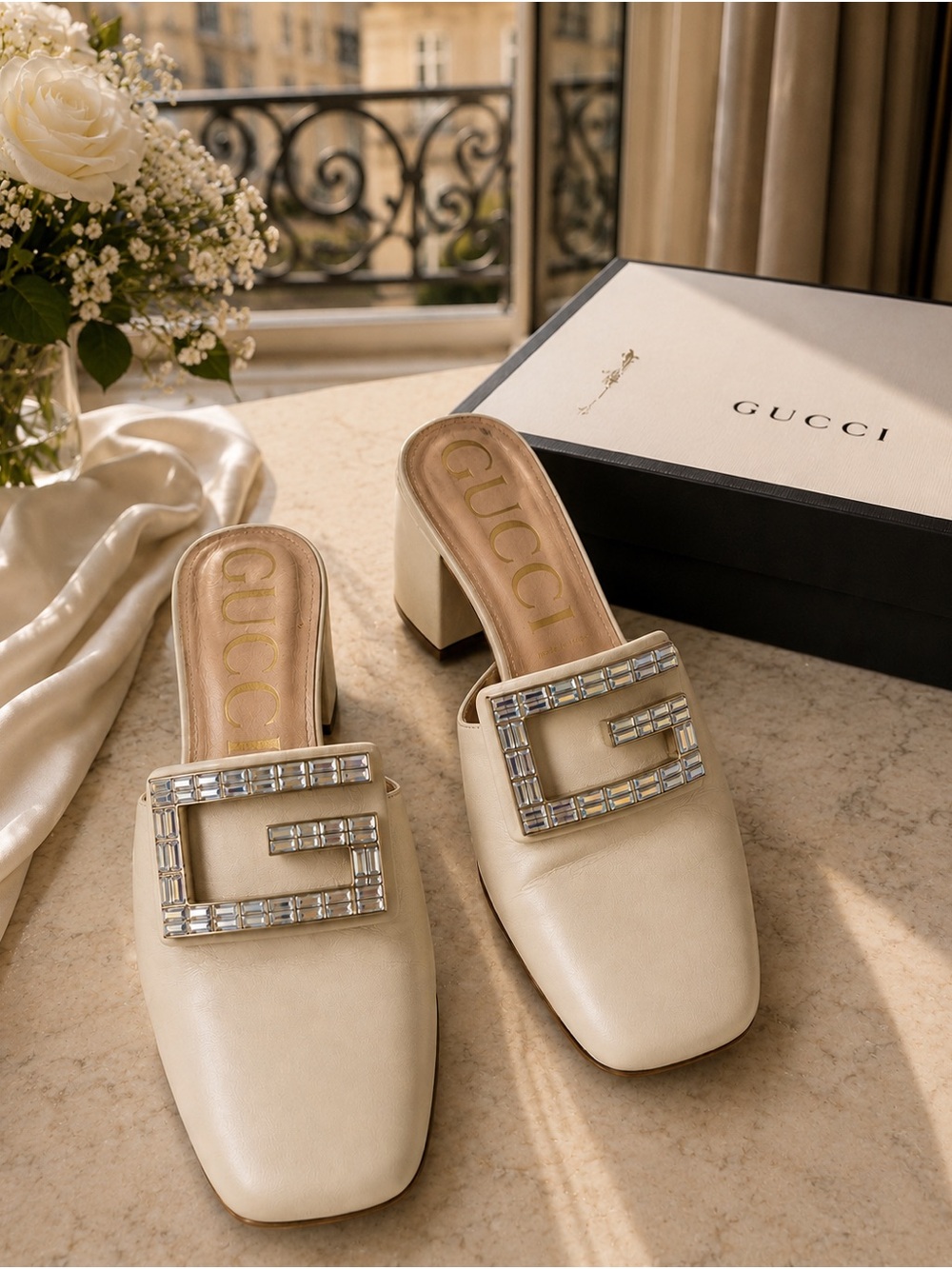 Gucci Cream Leather Embellished Mule Heels